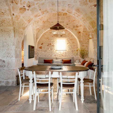Enjoy a home-cooked meal in the cavern-like dining space