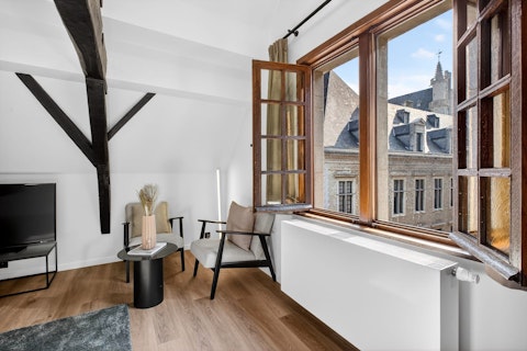 Gaze over Grand Place rooftops from a light-filled living room
