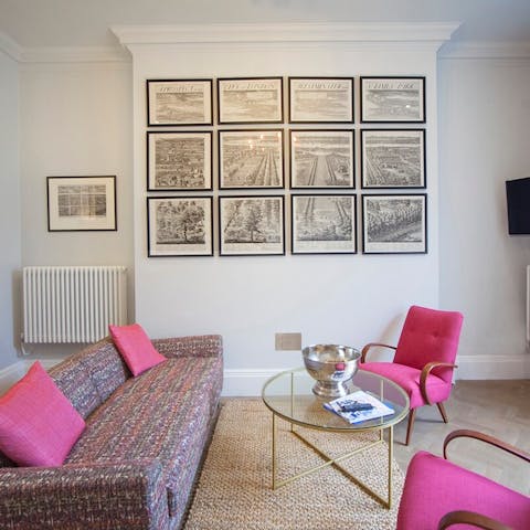 Relax on the coach surrounded by the bright, chic decor