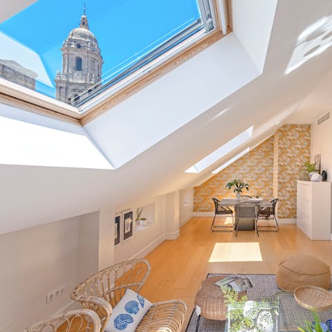 Gaze up at the cathedral from the living room's skylights