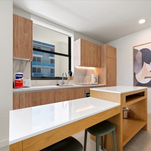 Enjoy breakfast at the counter after a workout in the on-site gym