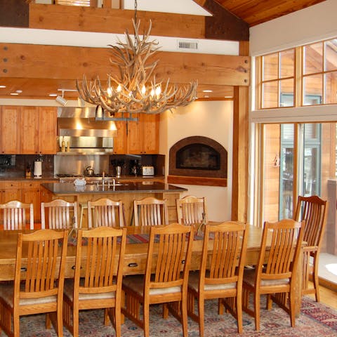 Share family feasts under the antler chandelier