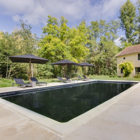 The sumptuous black-tiled, saltwater pool