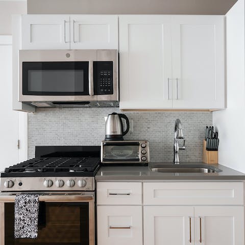 Cook at home in the small but surprisingly complete kitchen