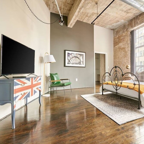 Admire quirky features in the apartment, like the Union Jack TV stand