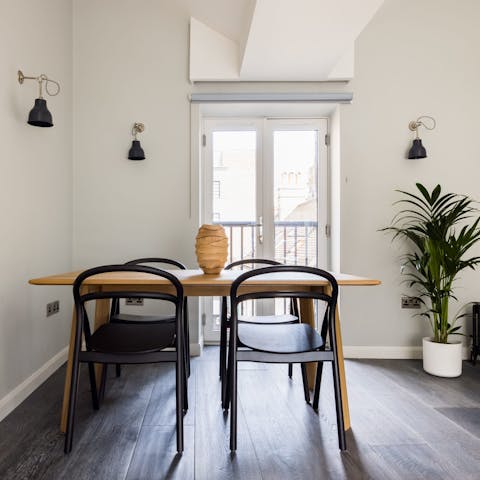 Share meals around the table – on warm days, open the French doors to the Juliet balcony