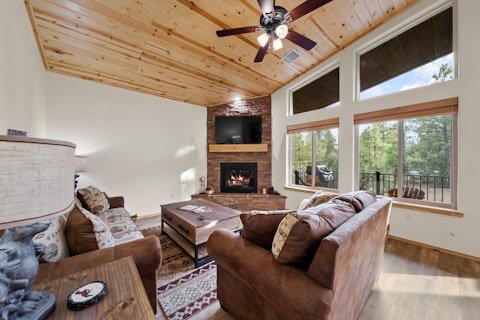 Cosy up by the fire as pine trees fill the windows