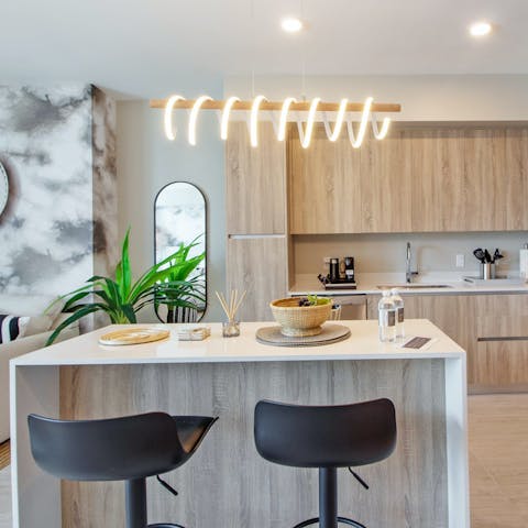 Enjoy meals at the trendy breakfast bar