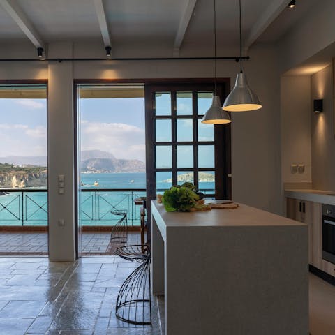Rustle up your favourite dishes as you look out to the Aegean
