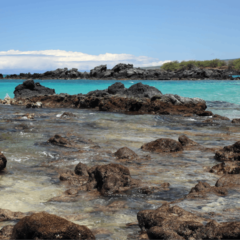 Spend an afternoon rockpooling off Porto Skala Beach, just 200m away