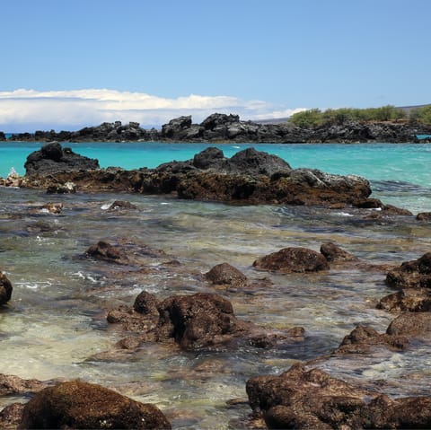 Spend an afternoon rockpooling off Porto Skala Beach, just 200m away