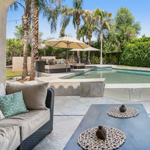 Seek solace from the heat of the day in the shaded seating areas, or take a dip in the refreshing pool