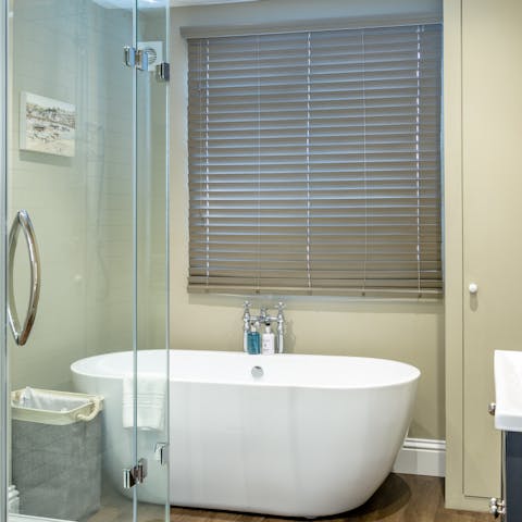 Soak in the freestanding tub with a glass of pinot noir to end the evening