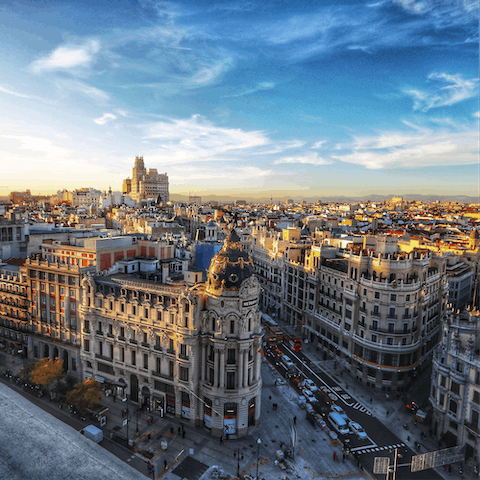 Stroll to Alcalá Street in minutes to shop on the longest avenue in Madrid