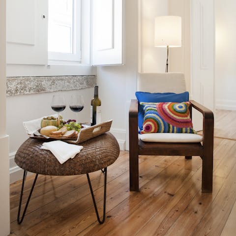 Relax in the lounge with a glass of local wine and some meats from the deli