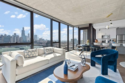 Gaze across the Chicago scenery through floor-to-ceiling corner windows