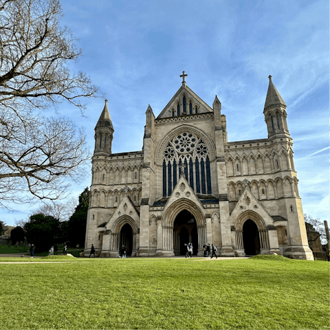 Marvel at the medieval architecture of St Albans Cathedral, five-minute walk away