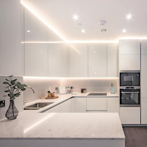 Rustle up a delicious home-cooked dinner in the sleek kitchen