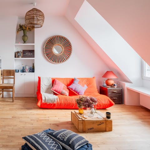 Take a breather on the vintage-style sofa