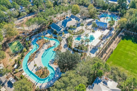 Float along the lazy river in the shared pool complex