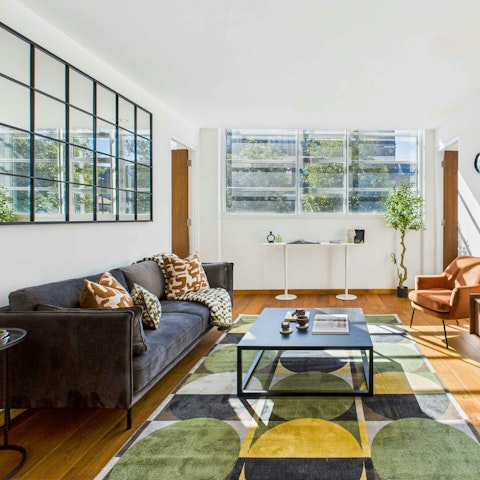 Gather with friends in the bright living space