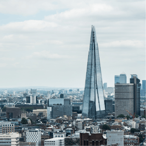 Visit London's towering Shard, a fourteen-minute walk away