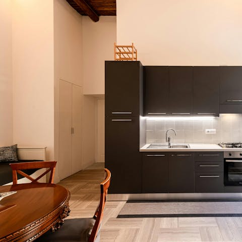 Share a bottle of wine and a few nibbles in the breezy kitchen