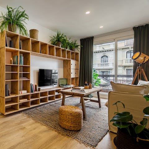 Chill out in the bright living room while listening to a record