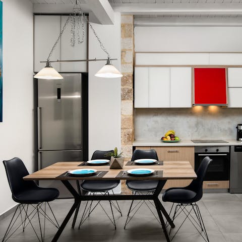 Plot the day's activities in the big breakfasting kitchen