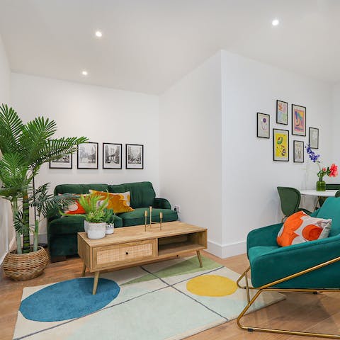 Admire the artsy chic of the thoughtfully-designed living room