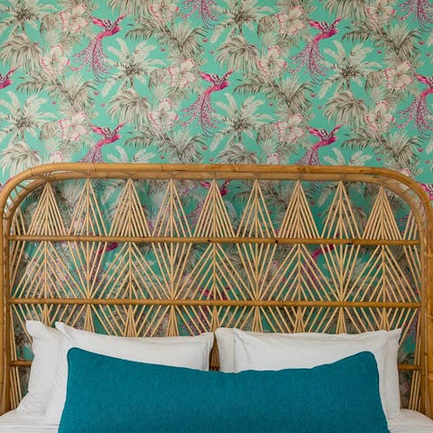 Admire the intricately printed wallpaper