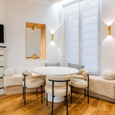 Gather around the cosy banquette for charcuterie