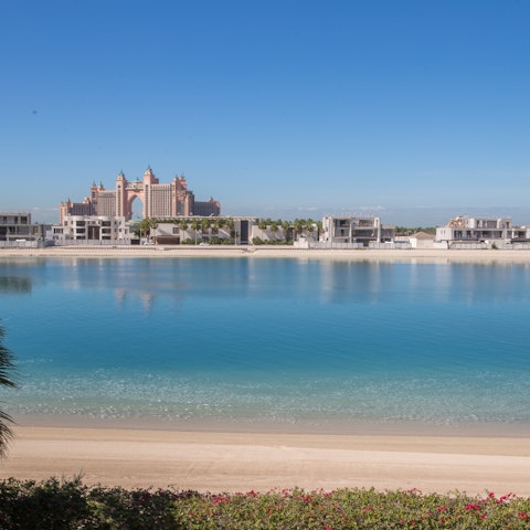 Stay on one of the "fronds" of Palm Jumeirah Island, across the bay from the Atlantic Hotel and waterpark