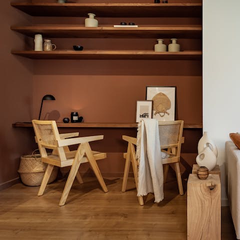 Catch up on work at the stylish desk area