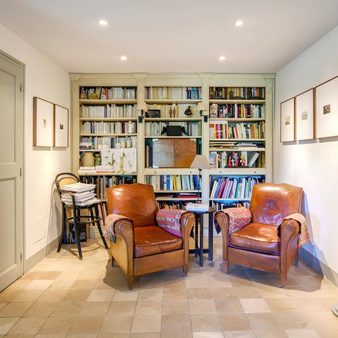 Choose a book from the stacked shelves