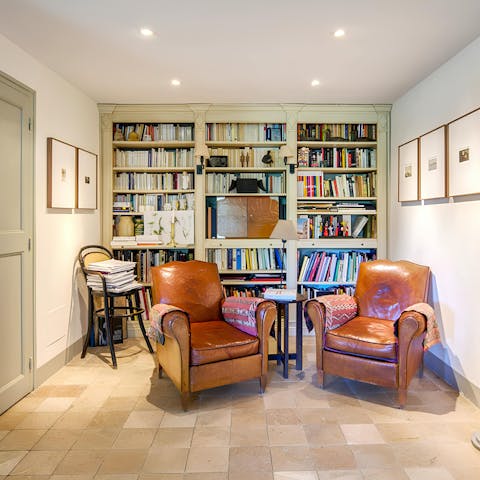 Choose a book from the stacked shelves