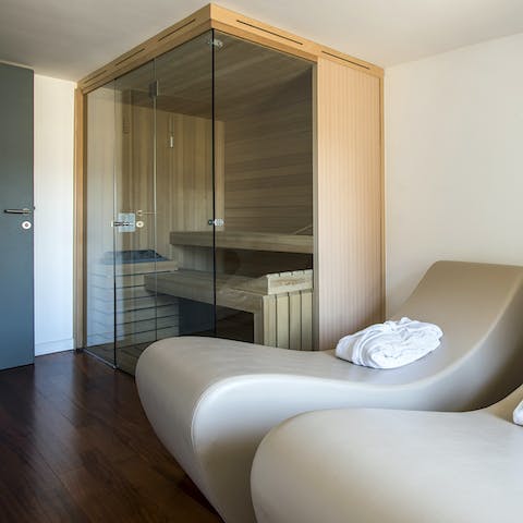 Sweat away your stresses in the apartment's private Finnish sauna