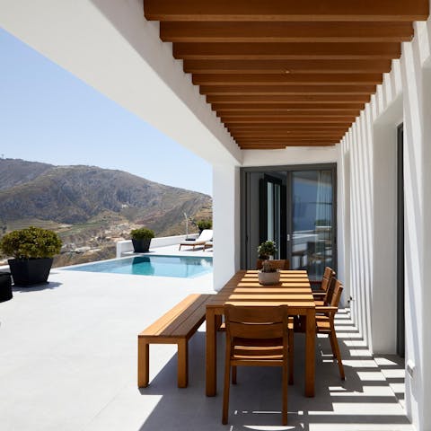 Gather on the sun-dappled patio for tomato gefthedes and a Greek salad