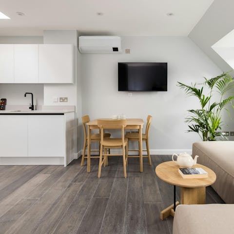 Enjoy some breakfast and prepare for the day's adventures in the living and dining area