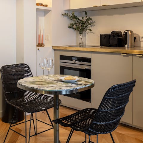 Unwind with a glass of wine before heading out to dine in a local bistro