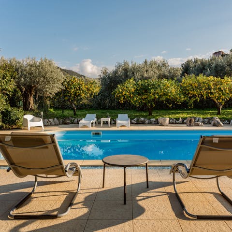 Relax by the pool surrounded by citrus scents
