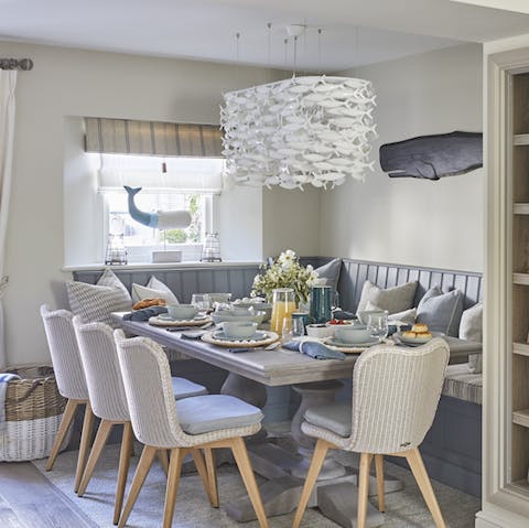 Share a seafood dinner with friends in the nautically themed dining space