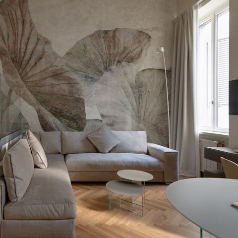 Curl up with aperitifs in the light-filled living room