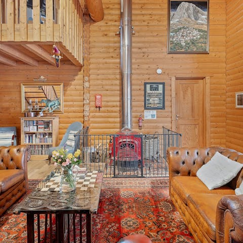 Select a board game and settle in by the wood-burning stove