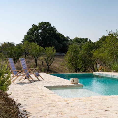 Relax by the private infinity pool, surrounded by olive trees