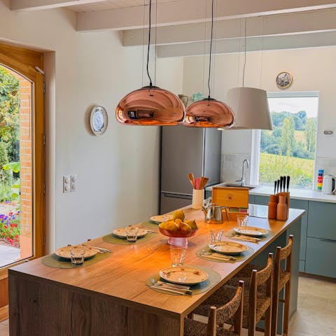 Put together a cheeseboard in the beautiful kitchen