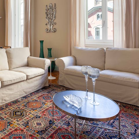 Unwind on the comfy sofas after a day wandering the city