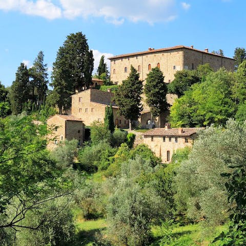 Look out over the vineyards and rolling Chianti hills
