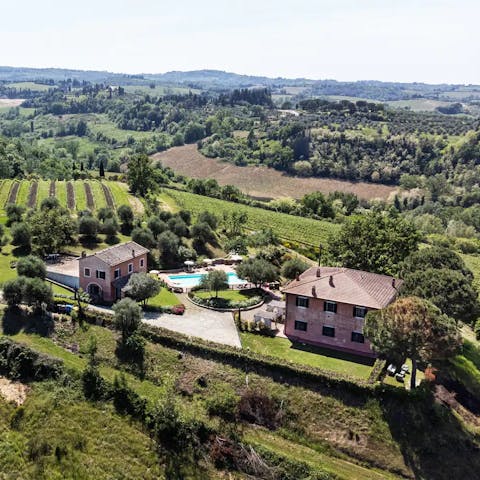 Soak in the 100 acres worth of stunning vineyards and olive trees surrounding you