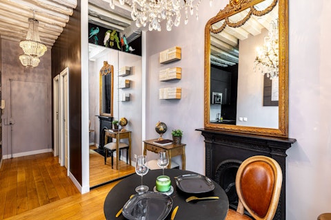 Start your day with coffee under the chandelier